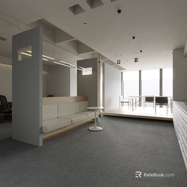 Modern Public Office Space With Open Layout Sofa Seating And Large Windows 3d model