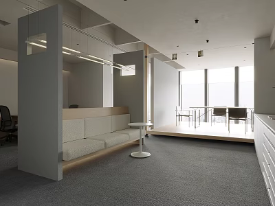 Modern Public Office Space With Open Layout Sofa Seating And Large Windows 3d model