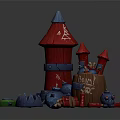 Colorful Cartoon Castle Ruins With Red Towers Blue Barrels And Toy Parts