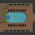 Garden Landscape Design With Swimming Pool Loungers Palm Trees And Brick Flooring