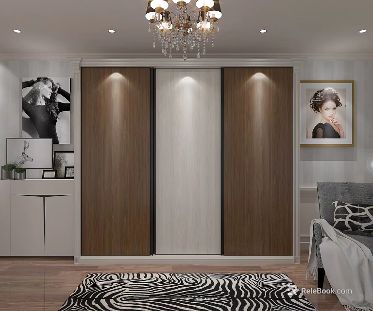 Modern Sliding Door Wardrobe With Wooden Panels Built in Lighting And Bedroom Storage 3d model 