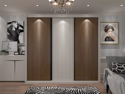 Modern Sliding Door Wardrobe With Wooden Panels Built in Lighting And Bedroom Storage 3d model