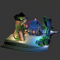 Fantasy Miniature Scene with Tree Stump Structure Vines Dome Hut Blue Glowing Plants Green Leaves