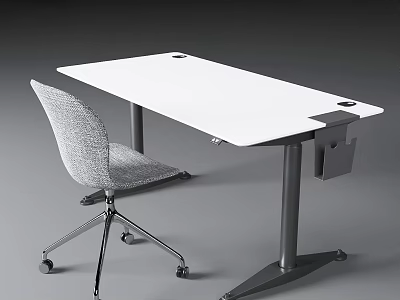 White Modern Office Desk With Metal Frame Gray Rolling Chair And Sleek Surface 3d model