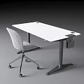 White Modern Office Desk With Metal Frame Gray Rolling Chair And Sleek Surface