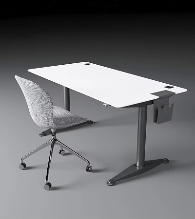 White Modern Office Desk With Metal Frame Gray Rolling Chair And Sleek Surface 3d model