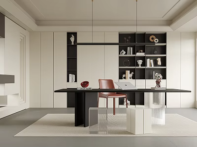 Modern Study Room Interior Design With Black Desk Brown Chair And Bookshelves 3d model