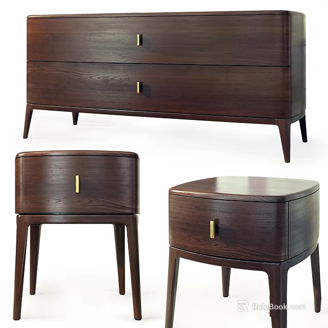 Dark Wood Storage Cabinets with Drawers and Golden Handles in Modern Minimalist Style 3d model 