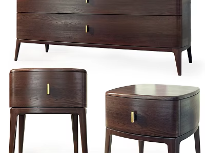 Dark Wood Storage Cabinets with Drawers and Golden Handles in Modern Minimalist Style 3d model