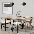 Modern Dining Table Combination With Wooden Top Black Frame Chairs White Cushions And Pendant Lights