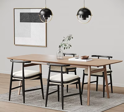 Modern Dining Table Combination With Wooden Top Black Frame Chairs White Cushions And Pendant Lights 3d model