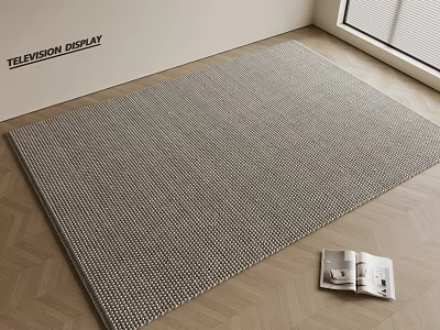 Square Gray Textured Rug on Wooden Floor with Television Display Wall and Open Magazine 3d model
