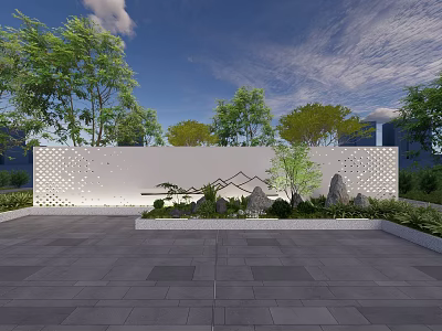 Outdoor Landscape Feature Wall With Green Plants Rockery Trees And Blue Sky 3d model