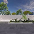 Outdoor Landscape Feature Wall With Green Plants Rockery Trees And Blue Sky