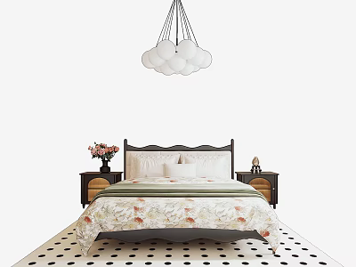 Modern Double Bed with Floral Bedding Nightstands Pendant Light Flower Vase and Polka Dot Rug 3d model