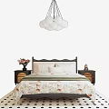 Modern Double Bed with Floral Bedding Nightstands Pendant Light Flower Vase and Polka Dot Rug