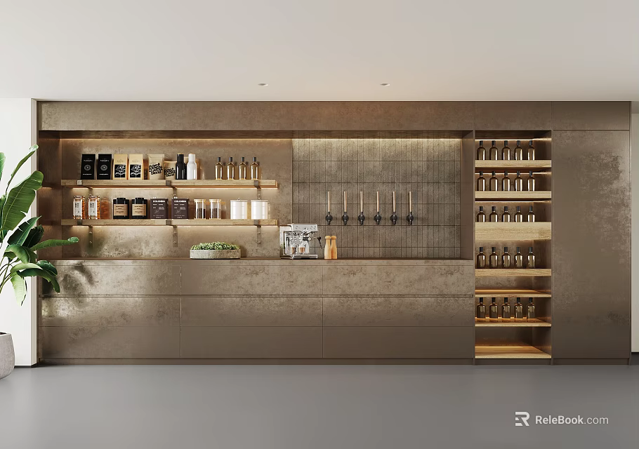 Modern Display Shelves With Multiple Layers Holding Bottles Boxes And Grid Patterned Backdrop 3d model