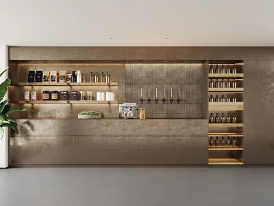 Modern Display Shelves With Multiple Layers Holding Bottles Boxes And Grid Patterned Backdrop 3d model