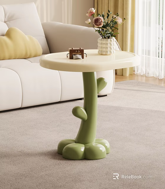 Modern Green Leg Side Table with White Circular Top and Living Room Decorative Items 3d model 