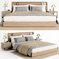 Modern Wooden Double Bed With Grey White Beige Bedding And Nightstands Table Lamps