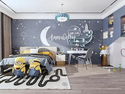 Minions Themed Kids Room With Star Moon Wall Art Race Track Rug And Chandelier 3d model