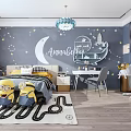 Minions Themed Kids Room With Star Moon Wall Art Race Track Rug And Chandelier