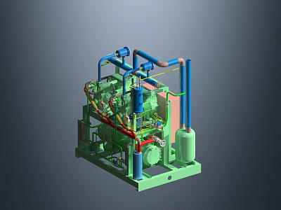 3D Model of Industrial Equipment with Piping System Green Frame and Mechanical Components 3d model