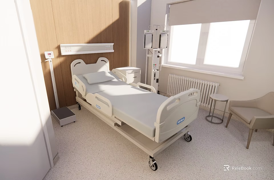 Modern Hospital Room Interior With Medical Bed Window And Equipment 3d model 
