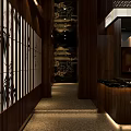 Upscale Dark Style Yakitori Japanese Restaurant Interior With Warm Wooden Bar And Illuminated Staircase