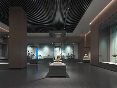 Modern Glass Museum Display Cabinets For Precious Antiques Exhibition With Elegant Indoor Space Lighting Design 3d model