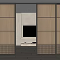 Modern Dining Living Room Interior With Wooden Sliding Doors And TV Wall Design