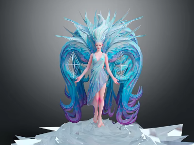 Fairy Character With Blue Purple Feathered Wings On Crystal Ice Pedestal And Star Diamond Accents 3d model