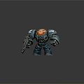 Smart Robot With Heavy Metallic Armor Glowing Orange Head Holding Blaster Gun