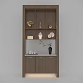 Modern Wooden Console Side Cabinet With Shelves Lighting Decorative Items And Plant