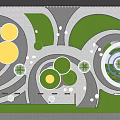 Urban Park Landscape With Circular Designs Green Lawns Lush Trees And Curved Pathways