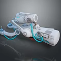 White Robotic Arm Mechanical Structure with Blue Cables and Articulated Joints 3d model