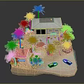 Tropical Coastal Beach Scene With Palm Trees Small House And Boats On Sandy Shore