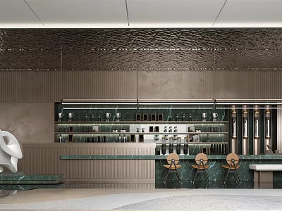 Modern Bar Interior Design With Green Marble Counter Wine Racks Bar Stools And Metal Lighting 3d model
