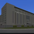 Modern Office Building Exterior With Stone Facade Large Windows Front Columns Lawn And Stone Pavement