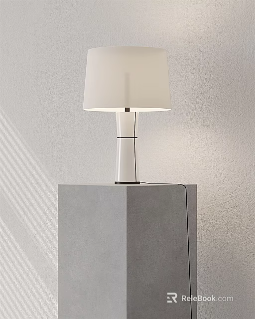 Modern Illuminated Table Lamp With White Lampshade On Gray Cubic Base Against Light Wall Background 3d model 