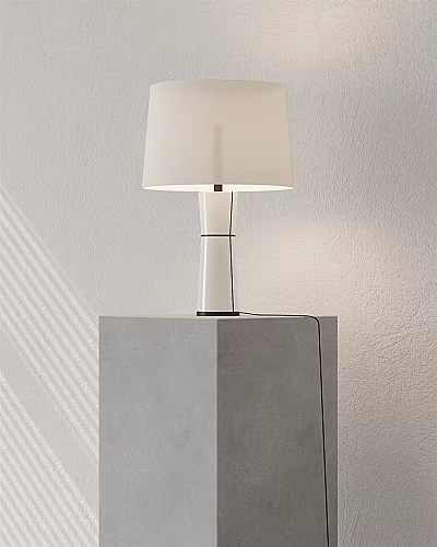 Modern Illuminated Table Lamp With White Lampshade On Gray Cubic Base Against Light Wall Background 3d model