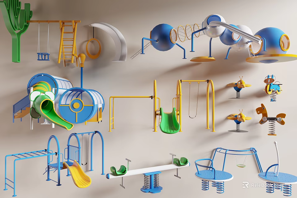 Variety Of Playground Equipment With Slides Swings And Seesaws 3d model 