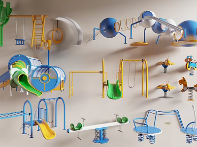 Variety Of Playground Equipment With Slides Swings And Seesaws 3d model