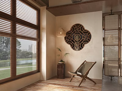 Scenic Interior With Wooden Flooring Window Blinds Chinese Lattice Decoration Rattan Screen And Potted Plant 3d model