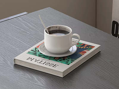 Hot Coffee Served In White Cup On A Colorful Magazine 3d model