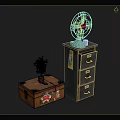 Vintage Furniture Collection With Wooden Chest Drawer Cabinet Potted Plant And Vintage Fan