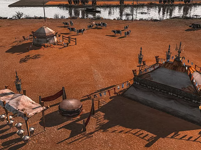 Traditional Nomadic Camp With Yurts Tents Cattle Sheep And Flags On Dry Land 3d model