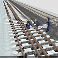 Workers In Yellow Hard Hats Inspecting Railway Track For Safety Maintenance