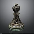 Intricately Carved Metal Decorative Ornament With Filigree Top And Green Jade Base