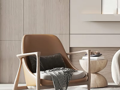 Brown Accent Chair With Wooden Armrests Black Cushion And Checkered Throw By Light Wood Wall 3d model